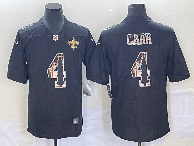 Men's New Orleans Saints #4 Derek Carr Black Statue of Liberty Limited Stitched Jersey